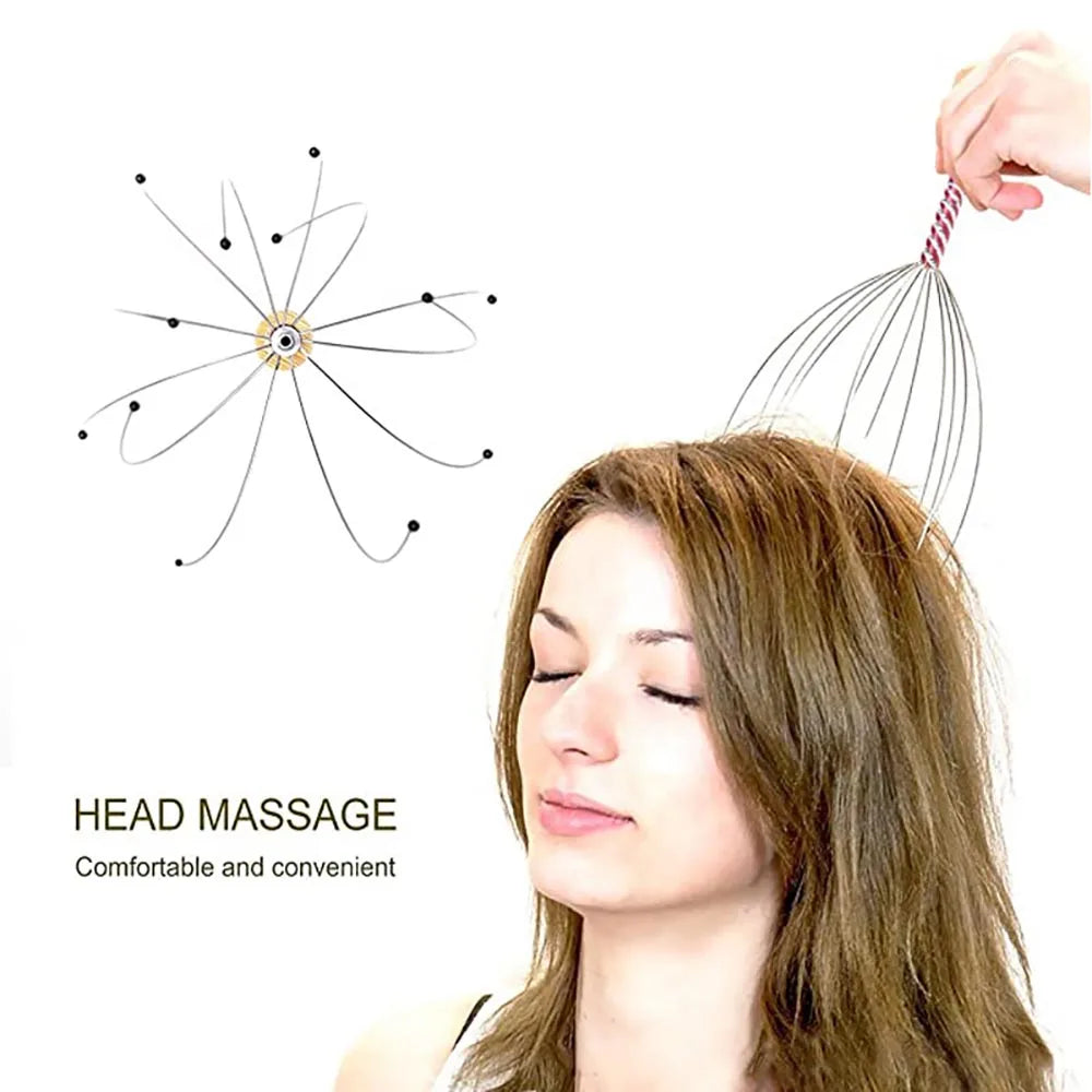 Person receiving head massage with a scalp massager, with text indicating 'Head Massage' and 'Comfortable and convenient'.
