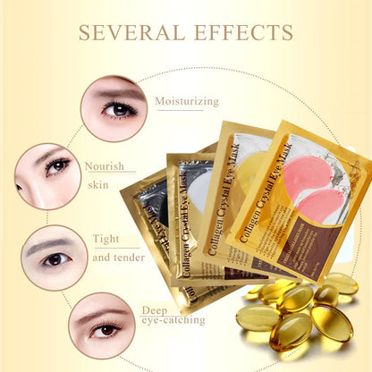 Collagen Crystal Eye Mask packaging with visible effects on skin and eyes, and gold capsules.