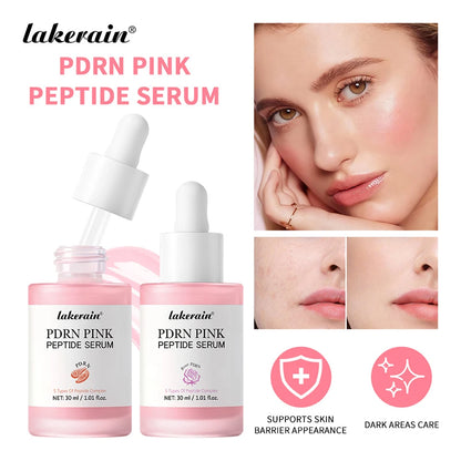 Lakerain PDRN Pink Peptide Serum with product bottles and a woman's face showing results.