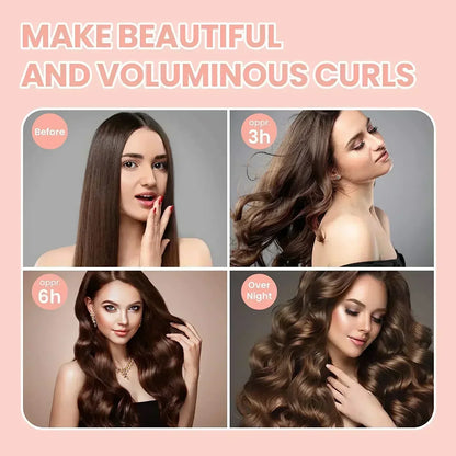 Before and after comparison of hair styling product on a pink background