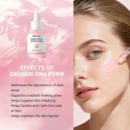 Laherine PDRN Pink Peptide Serum with a woman's face and text on a pink background