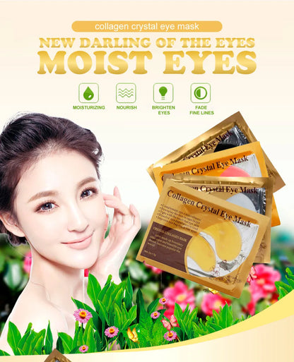 Collagen crystal eye mask packaging with a woman applying it, surrounded by greenery and flowers.