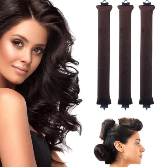 Woman with styled hair next to three hair rollers and a bun.
