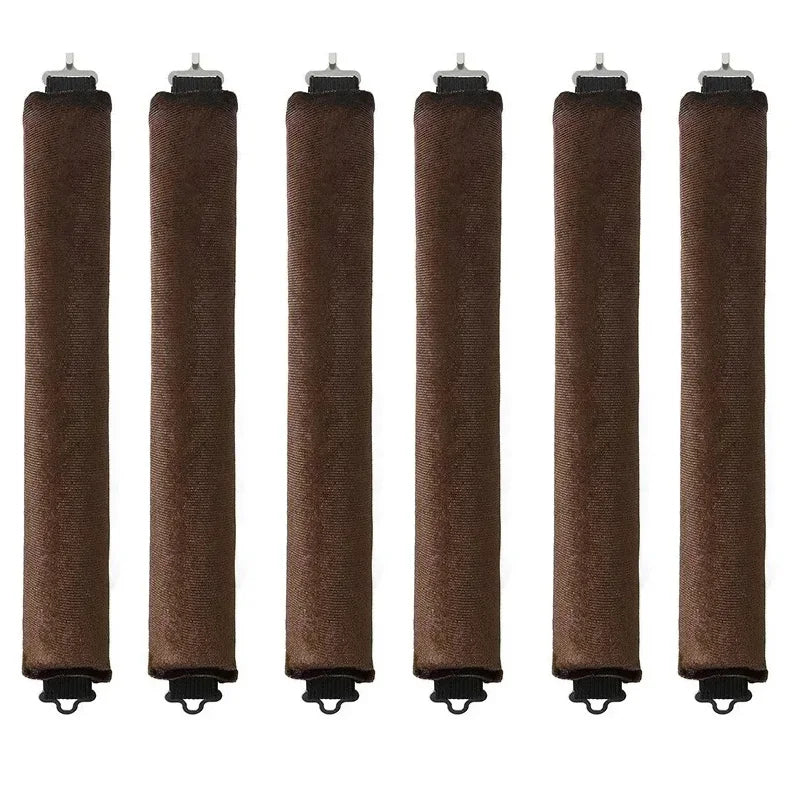 Set of six brown cylindrical objects with metal ends on a white background