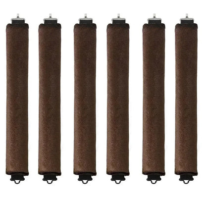 Set of six brown cylindrical objects with metal ends on a white background