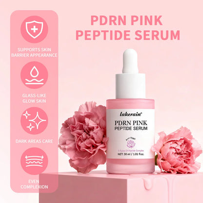 PDRN Pink Peptide Serum with packaging and pink flowers on a pink background