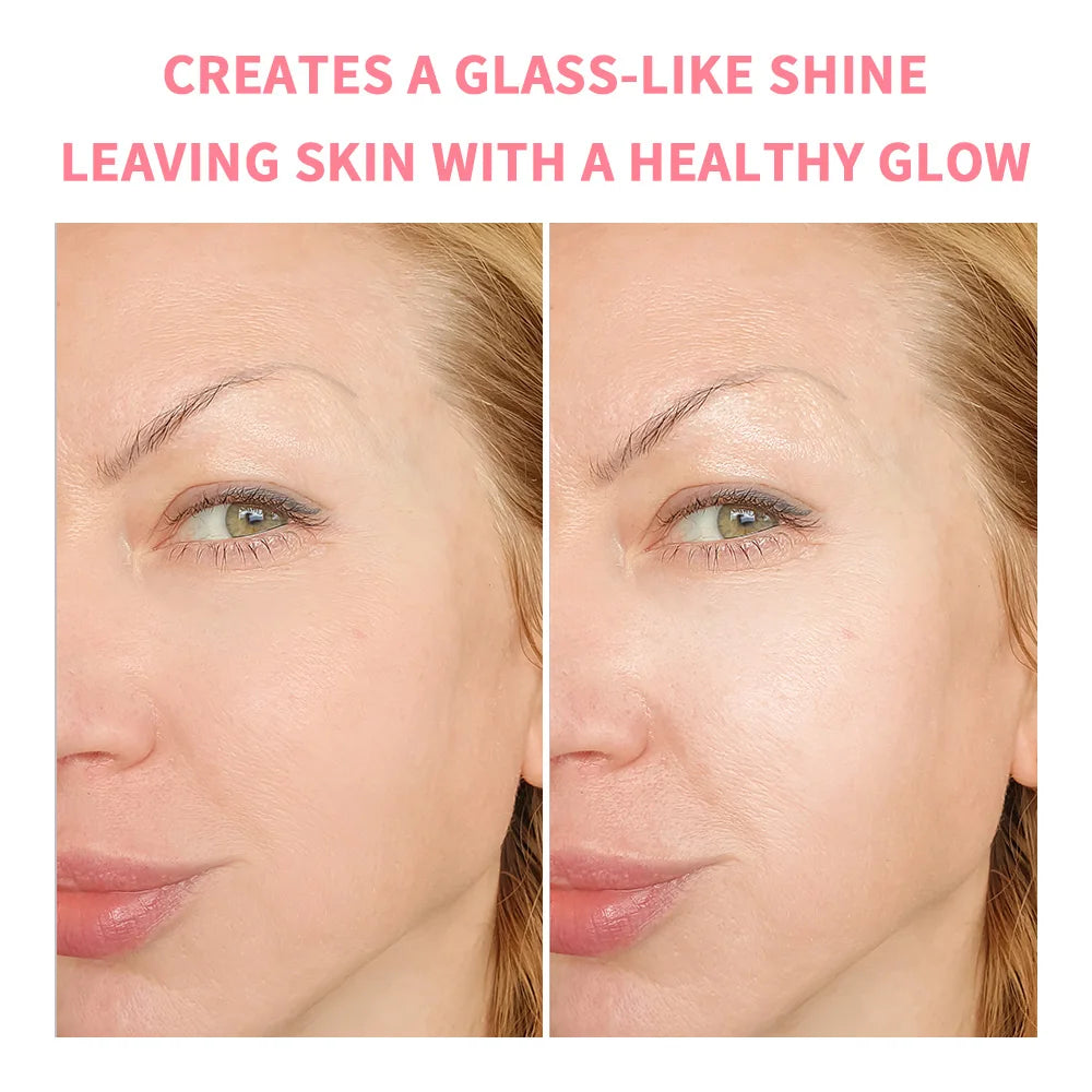 Before and after comparison of a woman's face with text about skin appearance.