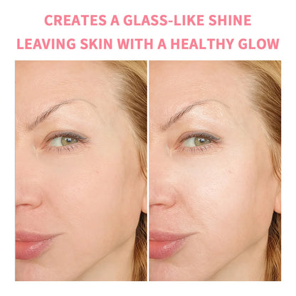 Before and after comparison of a woman's face with text about skin appearance.