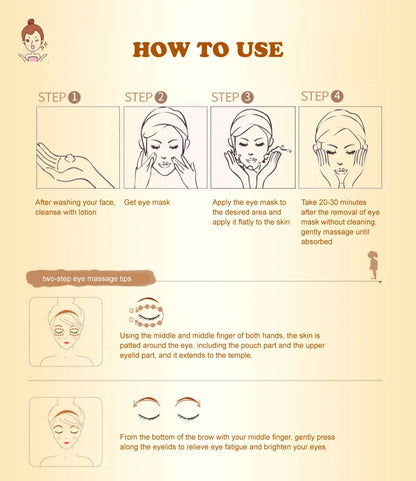 Step-by-step guide on how to use eye masks with illustrations and text.