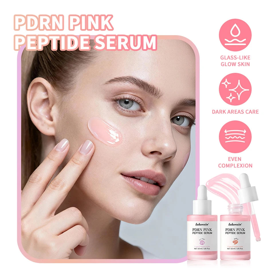 Advertisement for PDRN Pink Peptide Serum with a woman applying serum to her face.
