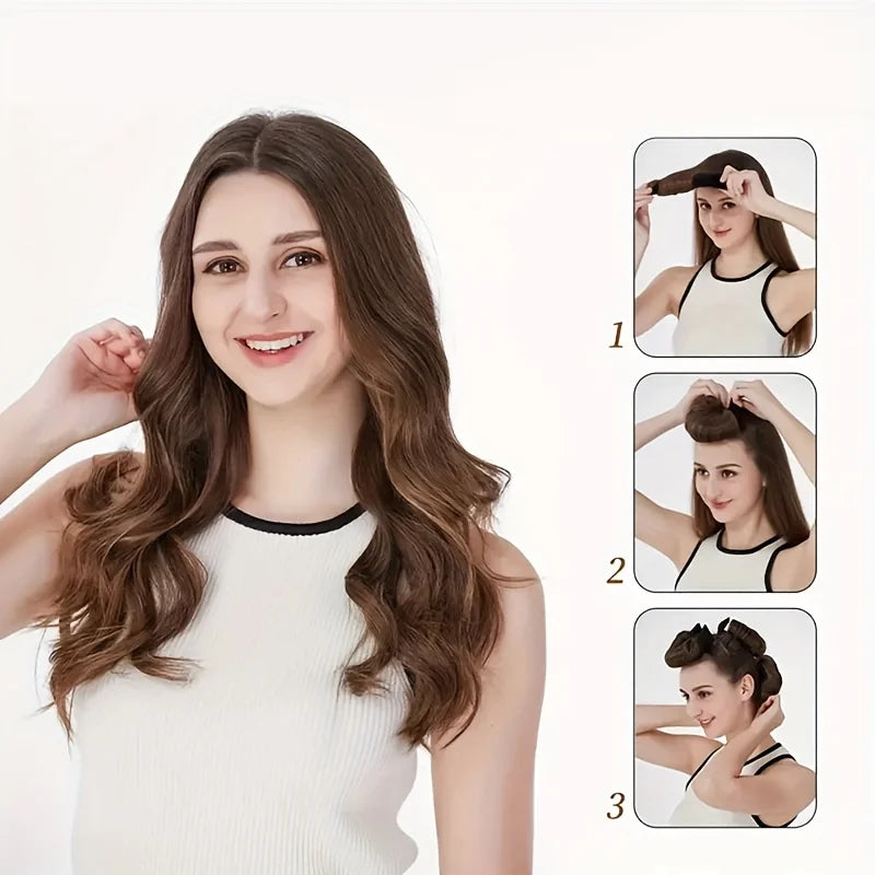 Woman demonstrating how to style hair with inset images showing step-by-step process.