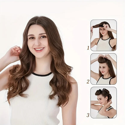 Woman demonstrating how to style hair with inset images showing step-by-step process.