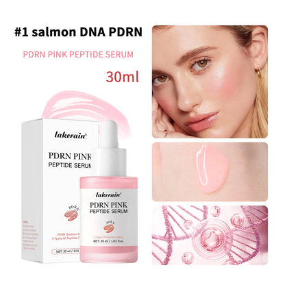 Lakerain PDRN Pink Peptide Serum packaging with product and close-up of a woman's face.