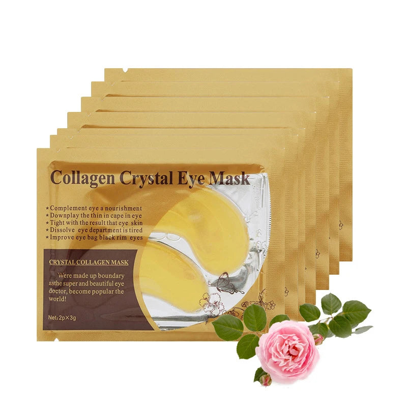 Collagen Crystal Eye Mask packaging with a rose and green leaves on a white background