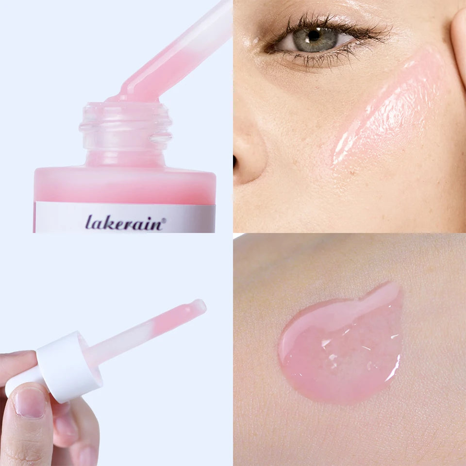 Collage of a pink lip balm with 'lakerain' branding, being applied to skin, and a close-up of the lip balm.