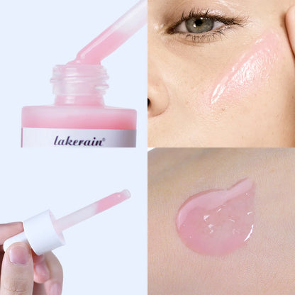 Collage of a pink lip balm with 'lakerain' branding, being applied to skin, and a close-up of the lip balm.