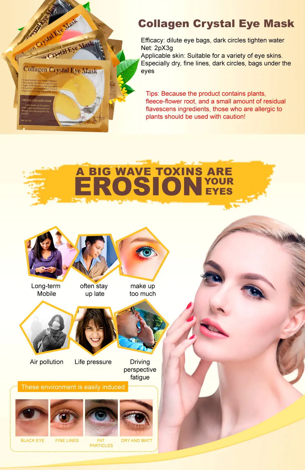 Advertisement for Collagen Crystal Eye Mask with text and images of a woman applying the mask.