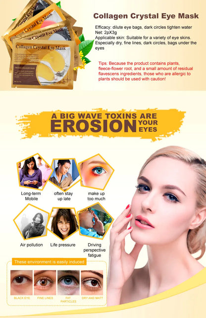 Advertisement for Collagen Crystal Eye Mask with text and images of a woman applying the mask.