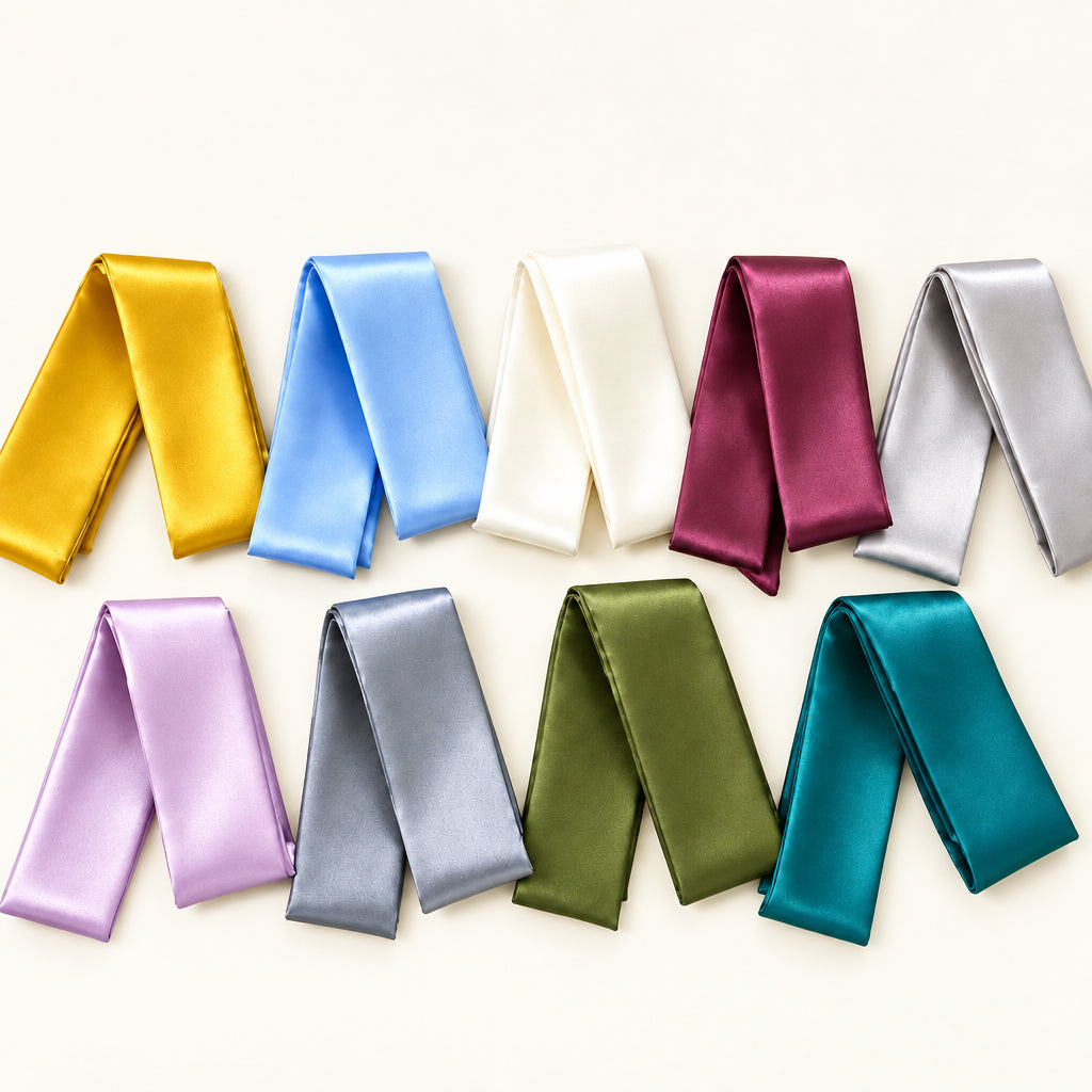 Set of colorful satin scarves on a white surface.