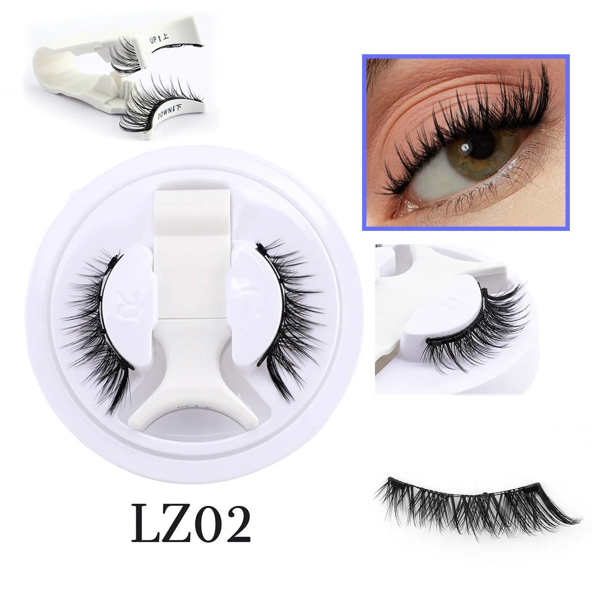 Set of false eyelashes with a white container, labeled LZ02, on a white background.