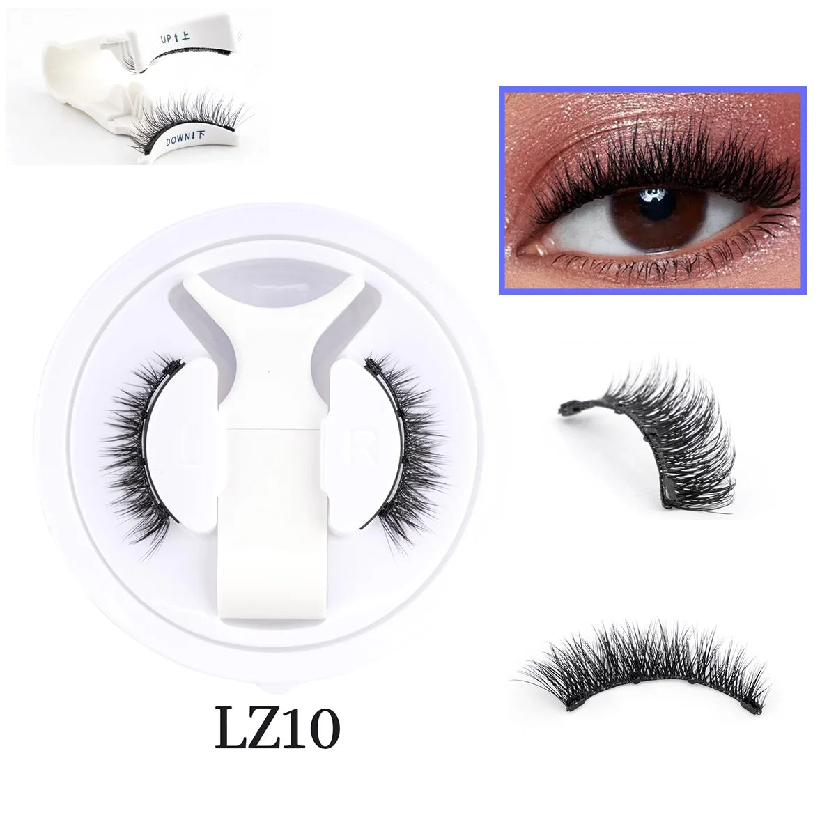 Set of false eyelashes with packaging and an inset of an eye wearing them.