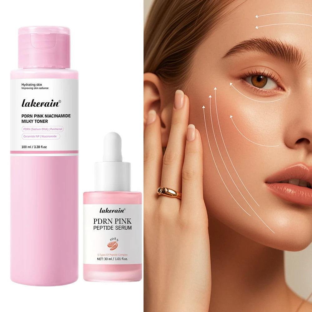 Lakerain pink skincare products with a close-up of a woman's face.