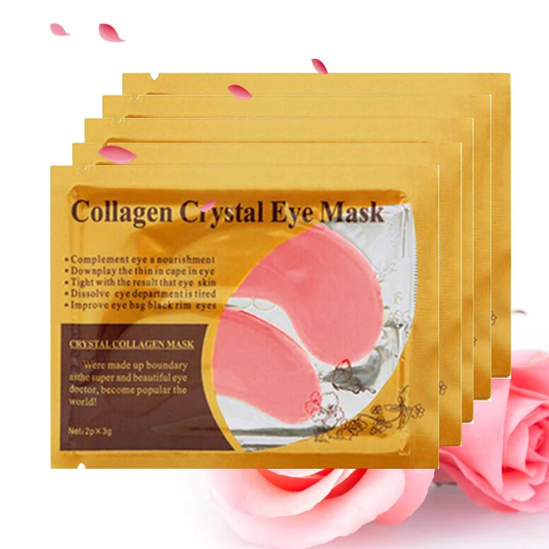 Collagen crystal eye mask packaging with pink flowers in the background