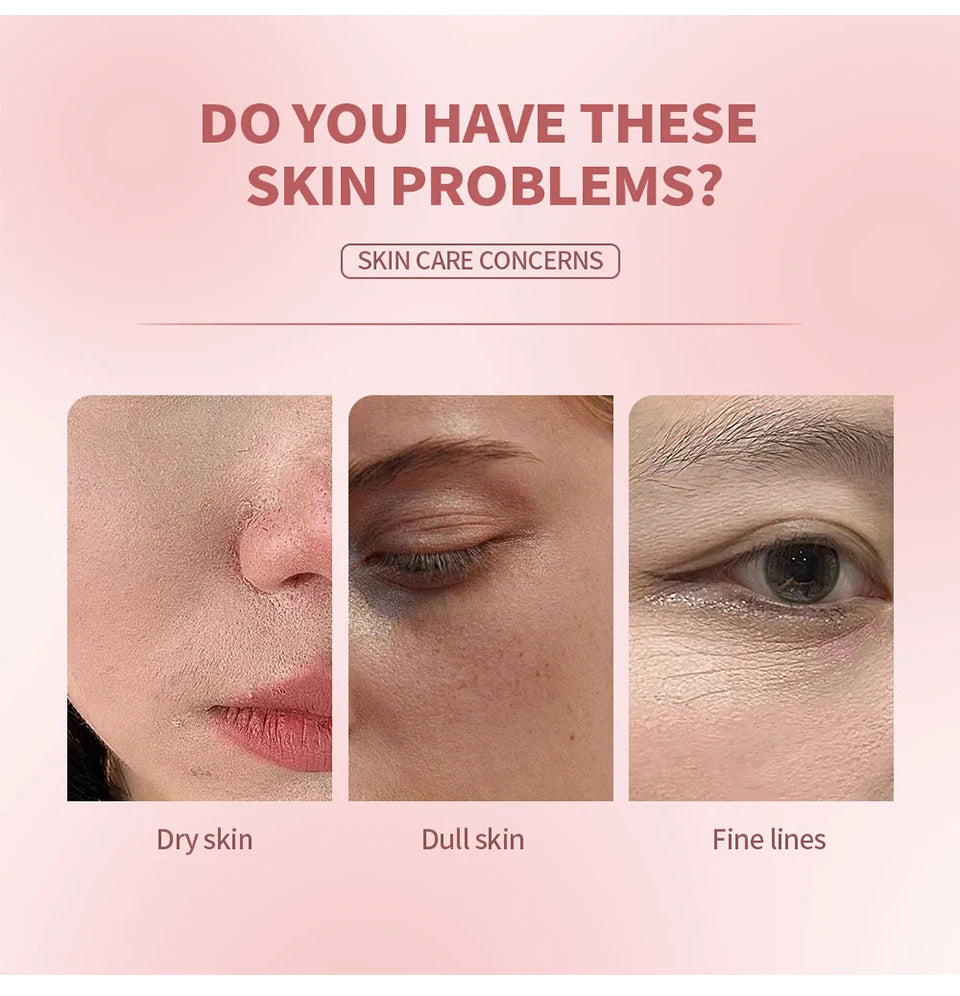 Skincare concerns including dry skin, dull skin, and fine lines on a pink background.