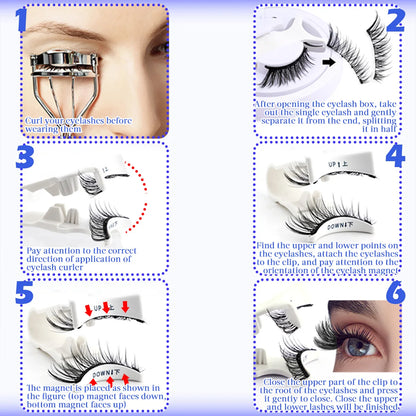 Step-by-step guide on how to apply false eyelashes with close-up images and text instructions.