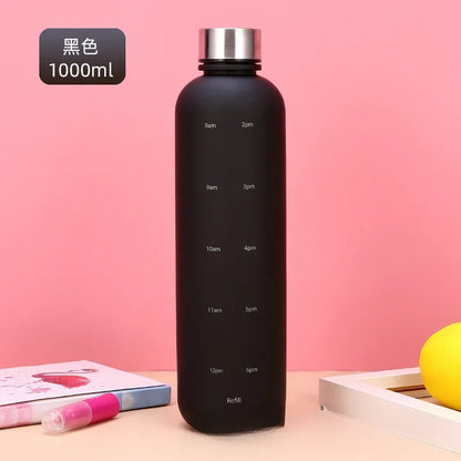 1L reusable water bottle with time-marker scale