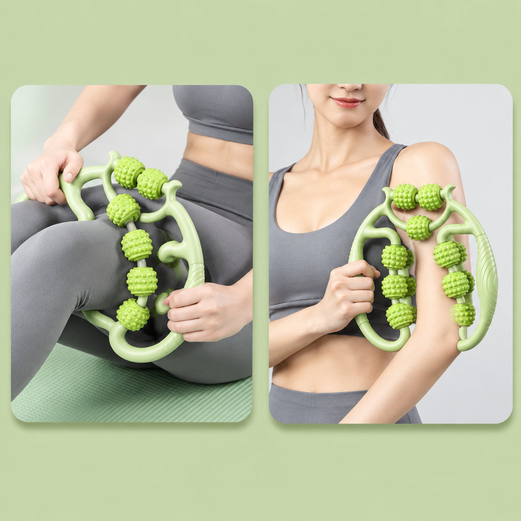 a green self-massage roller tool being used on a woman's arm, thigh on a pale green background.