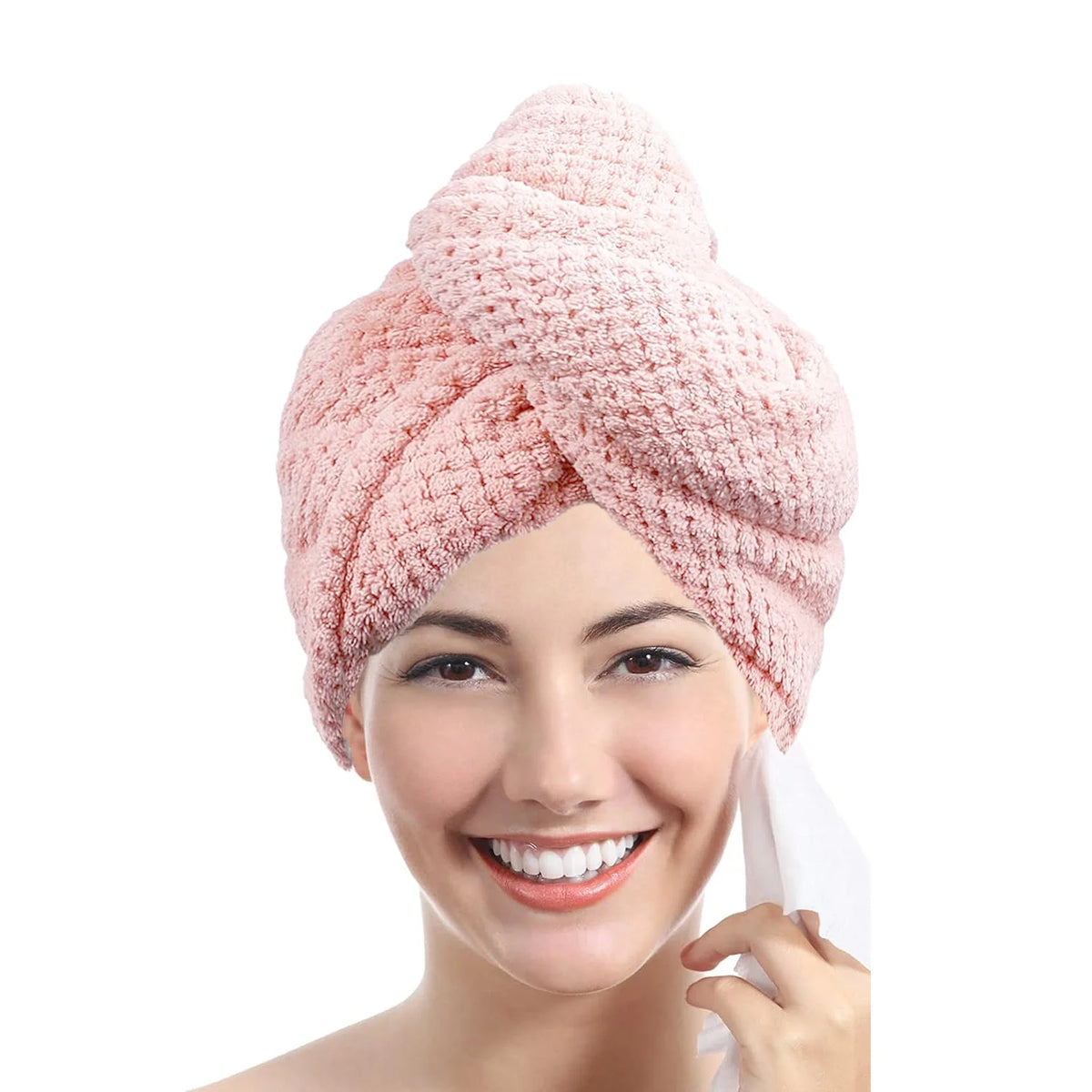 a women wearing a lavender color towel wrap on her head
