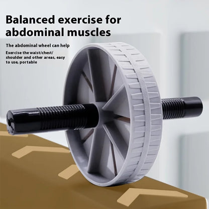 Abdominal exercise wheel on a wooden surface with text about its benefits.