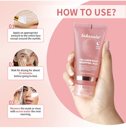 Lakerain collagen night wrapping mask with usage instructions on a pink background