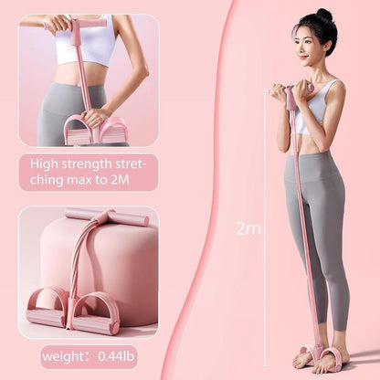 Woman using a pink resistance band with product details on a pink background