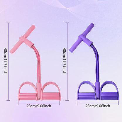 Pink and purple resistance band exercisers with measurements on a light purple background