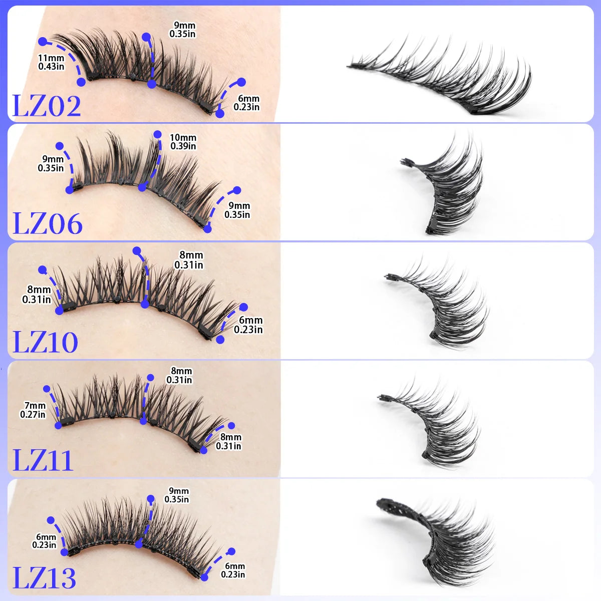 false eyelashes with measurement on white backgound