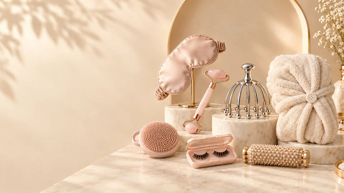 Women's self-care essentials including scalp massager, facial roller, sleep mask and hair towel