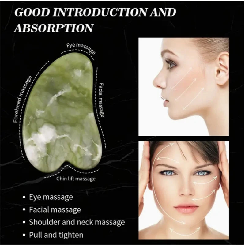 Green jade tool for facial massage with images of a woman's face and text on a black background.