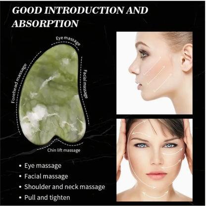 Green jade tool for facial massage with images of a woman's face and text on a black background.