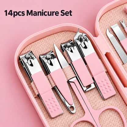 14-piece manicure set with pink case on a pink background.