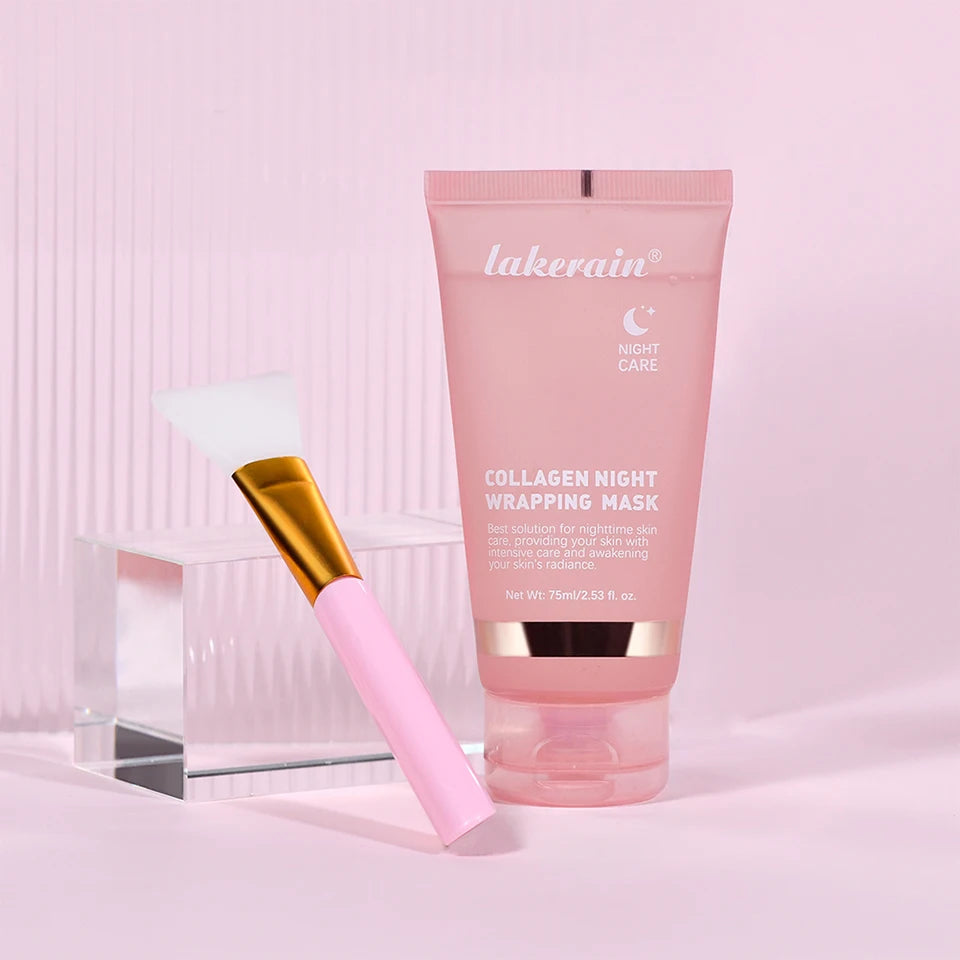 Lakerain collagen night wrapping mask with applicator on a pink background