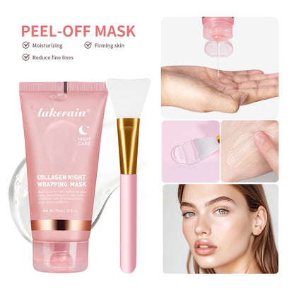 Collagen night wrapping mask with applicator and before-and-after effects on skin.