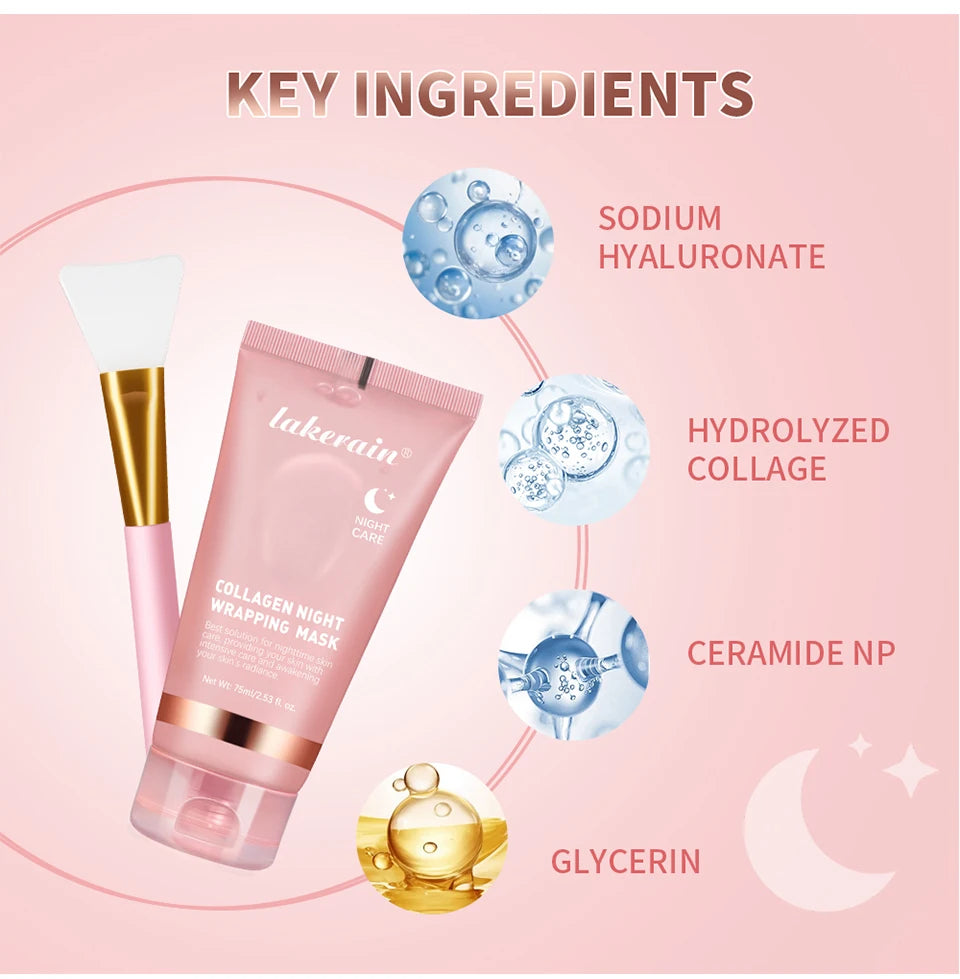 Lokerain collagen night wrapping mask with key ingredients on a pink background