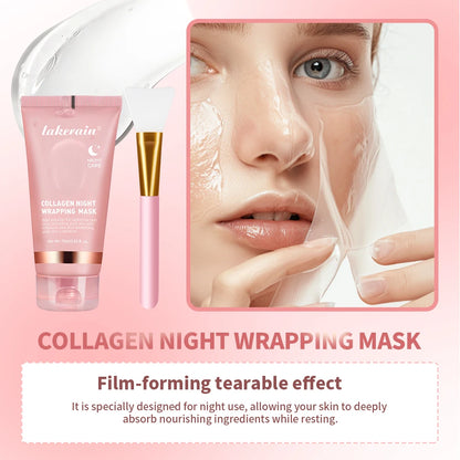 Collagen night wrapping mask with packaging and application on a pink background