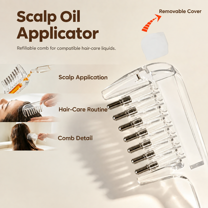 Scalp oil applicator comb with cover and hair-care application detail views